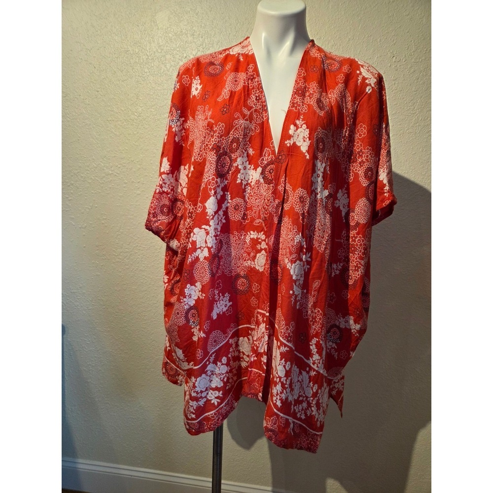 Angie Red White Floral Boho‎ Kimono Wrap Cover Up Rayon Size Medium Oversized